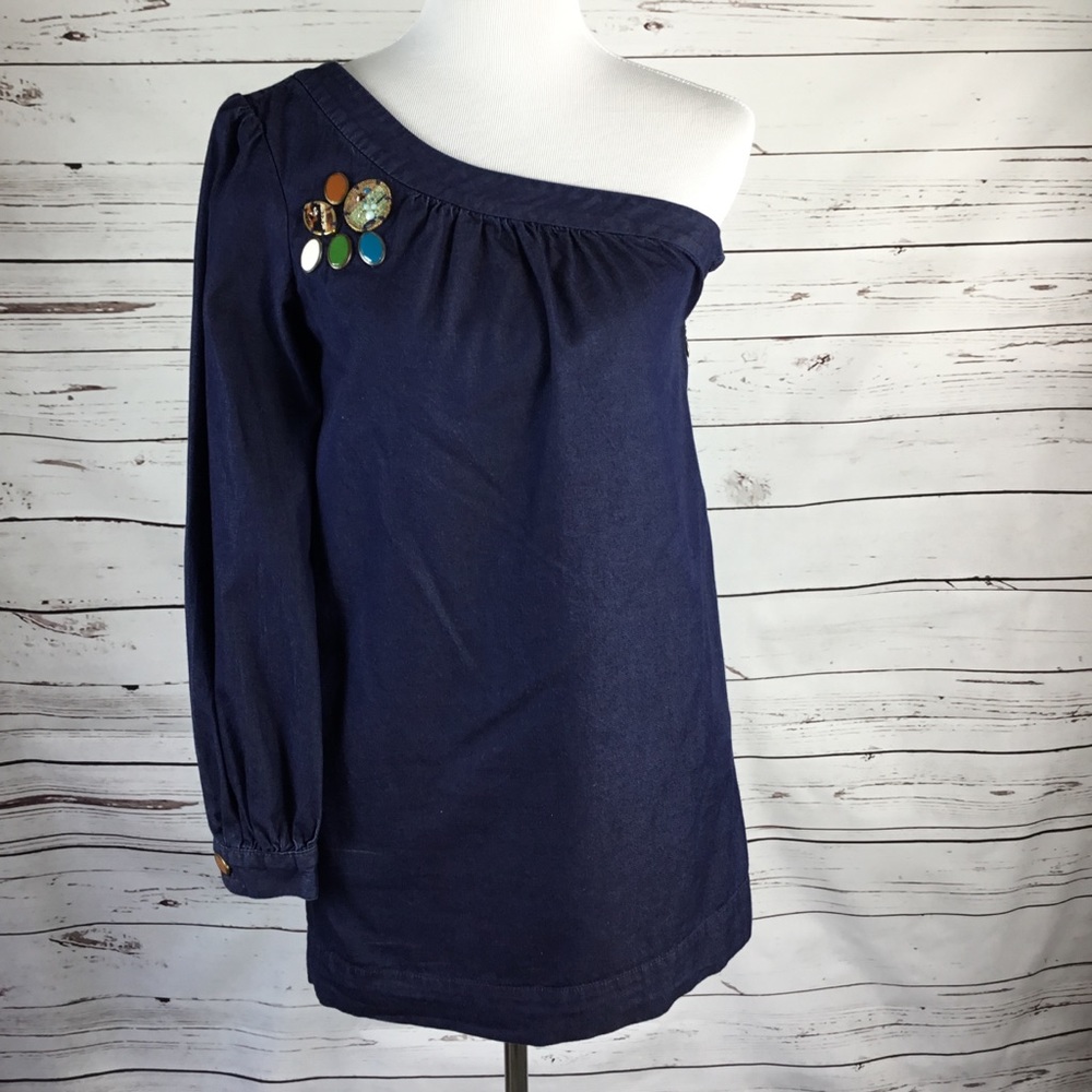 Y2K 7 For All Mankind One Shoulder Denim Top w/Decorative Beads Women’s Sz Small
